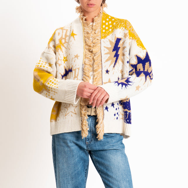 Tensione in-Cardigan fantasia pop art misto alpaca - panna/camel/viola