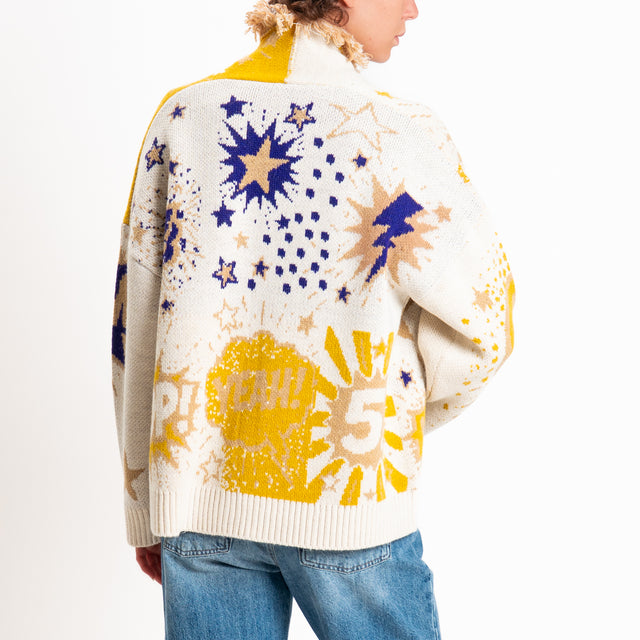 Tensione in-Cardigan fantasia pop art misto alpaca - panna/camel/viola