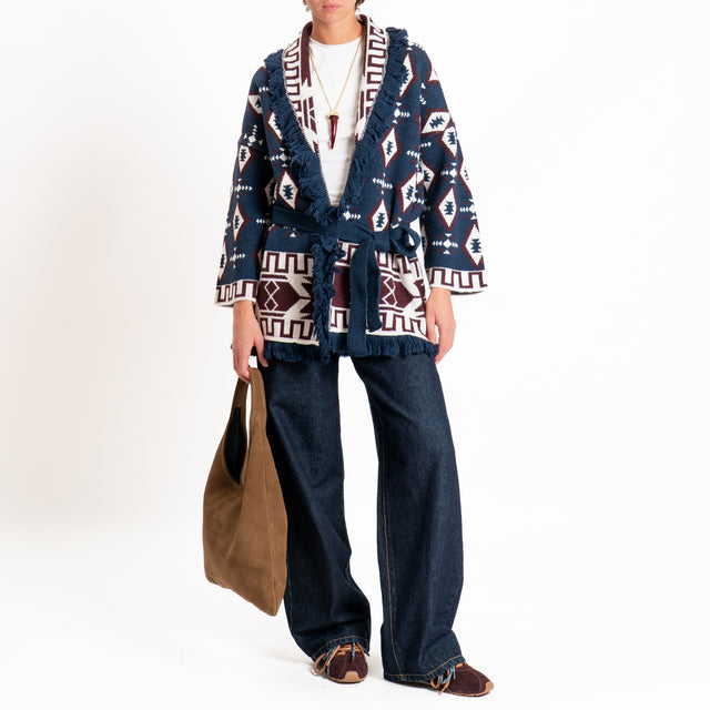 Tensione in-Cardigan misto alpaca fantasia geometrica - blu/vino/panna