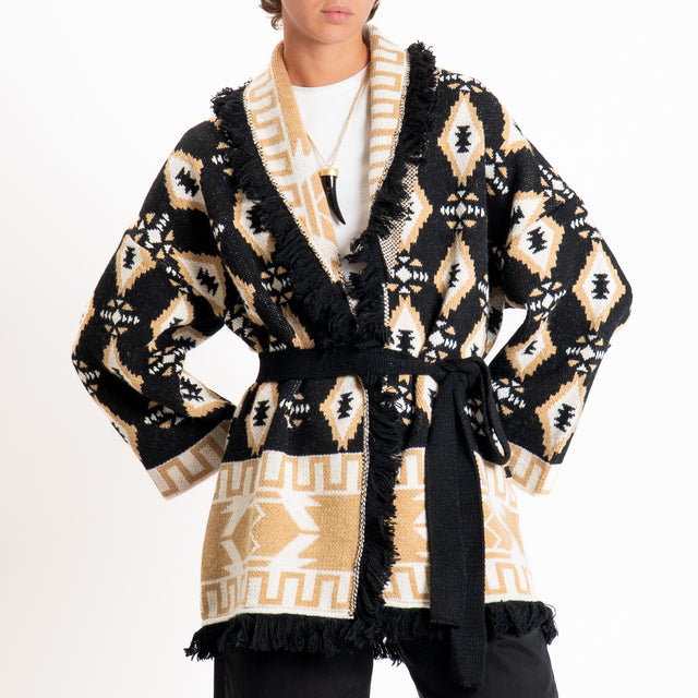 Tensione in-Cardigan misto alpaca fantasia geometrica - nero/camel/panna