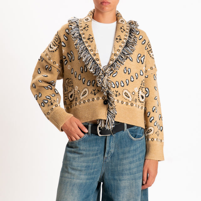 Tensione in-Cardigan fantasia bandana misto alpaca - cammello/nero/panna