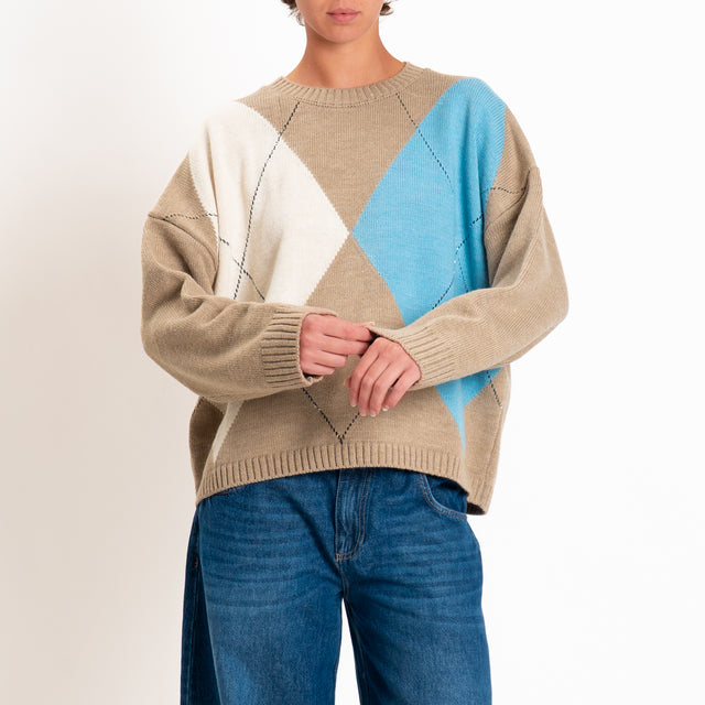 Tensione in-Maglia rombi misto alpaca - panna/azzurro/mastice