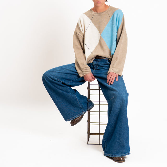 Tensione in-Maglia rombi misto alpaca - panna/azzurro/mastice