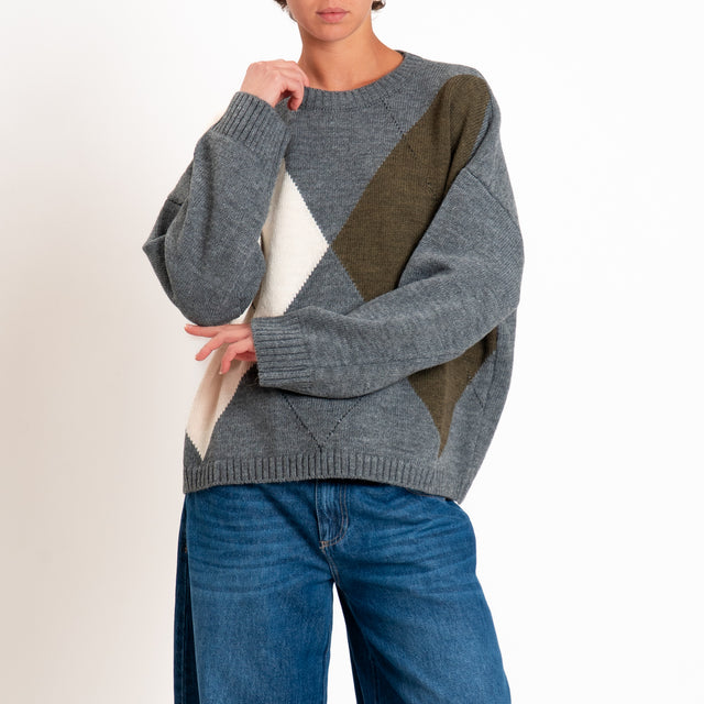 Tensione in-Maglia rombi misto alpaca - panna/grigio/militare