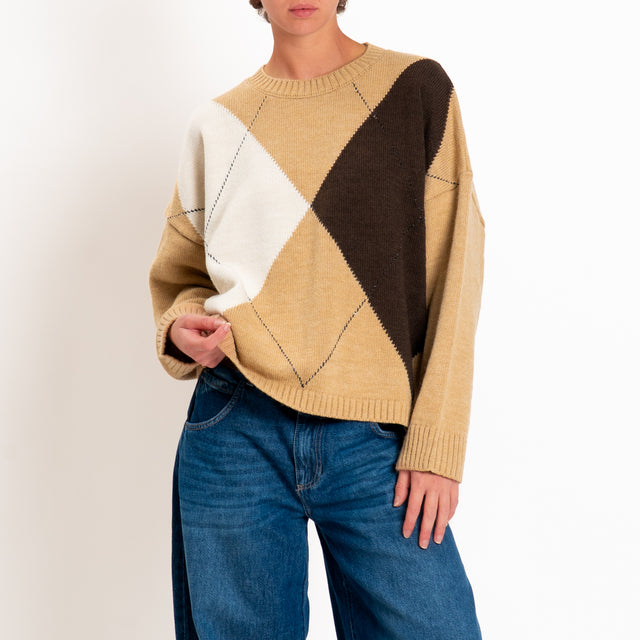 Tensione in-Maglia rombi misto alpaca - panna/moro/camel