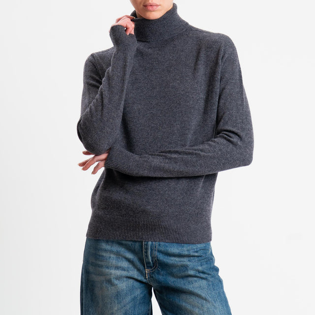 Tensione in-Maglia collo bordi a costine 100% LANA - antracite