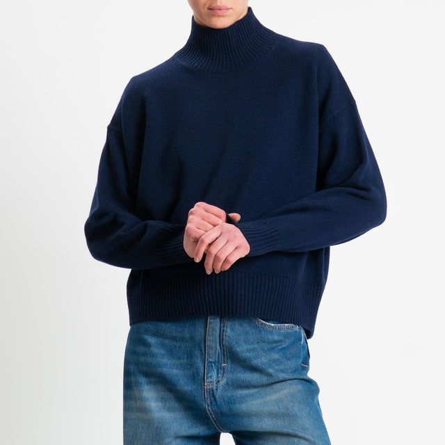 Tensione in-Maglia collo alto 100 % LANA - blu