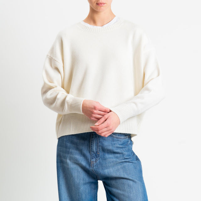 Tensione in-Maglia girocollo bordi a coste 100% LANA - panna