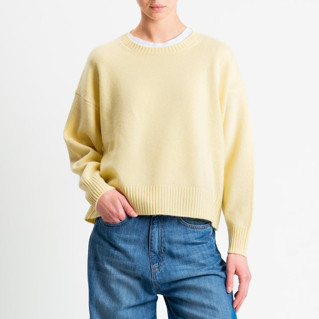 Tensione in-Maglia girocollo bordi a coste 100% LANA - giallo