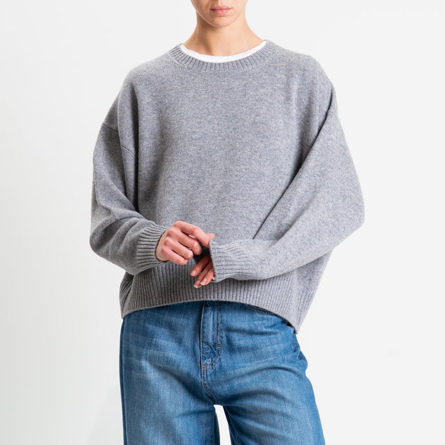 Tensione in-Maglia girocollo bordi a coste 100% LANA - grigio