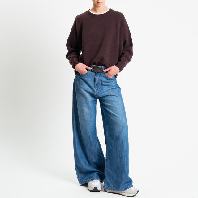 Tensione in-Maglia girocollo bordi a coste 100% LANA - moro