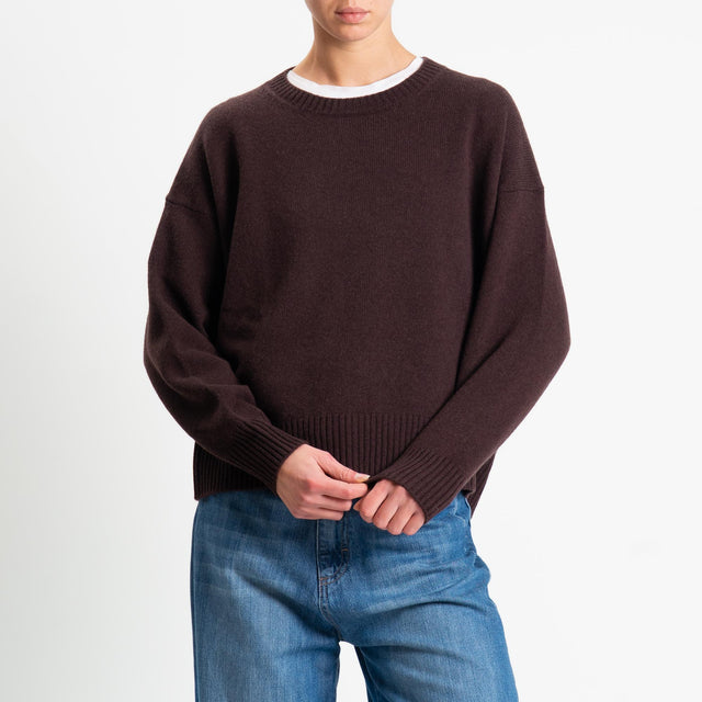 Tensione in-Maglia girocollo bordi a coste 100% LANA - moro