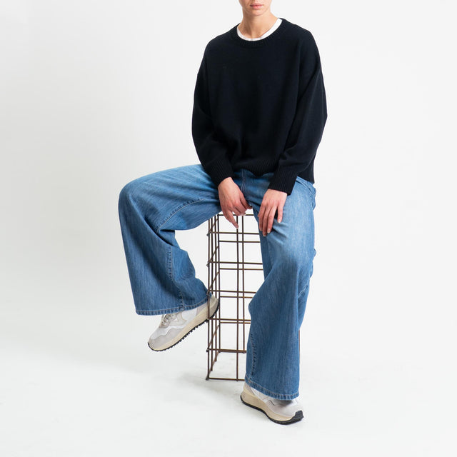 Tensione in-Maglia girocollo bordi a coste 100% LANA - nero