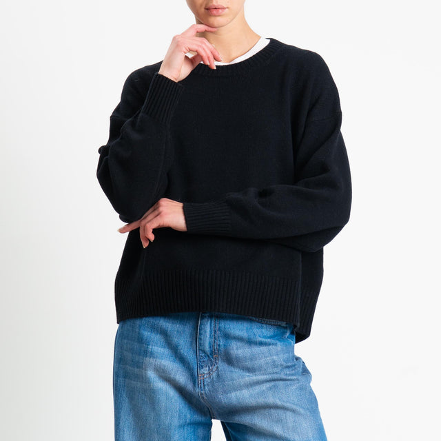 Tensione in-Maglia girocollo bordi a coste 100% LANA - nero