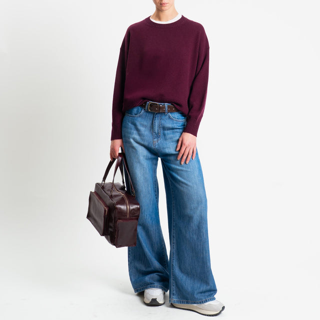 Tensione in-Maglia girocollo bordi a coste 100% LANA - vino