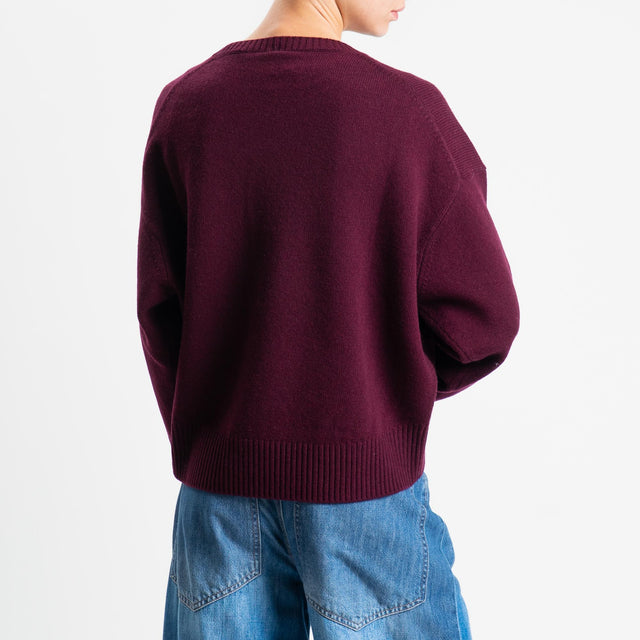 Tensione in-Maglia girocollo bordi a coste 100% LANA - vino