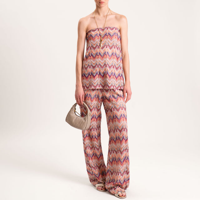 Tensione in-Pantalone fantasia traforata elastico in vita - multicolor rosato