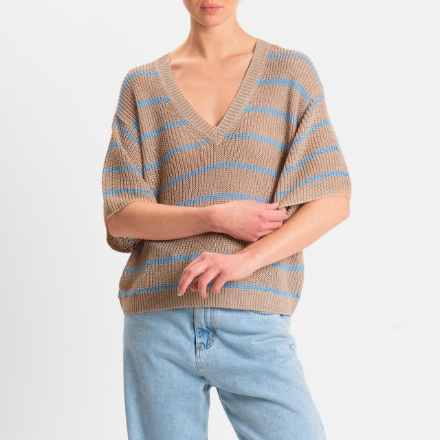 Tensione in-Maglia a righe mezza manica scollo a v coste inglesi - beige/azzurro