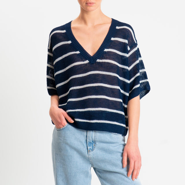 Tensione in-Maglia a righe mezza manica scollo a v coste inglesi - blu/panna