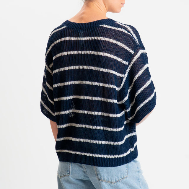 Tensione in-Maglia a righe mezza manica scollo a v coste inglesi - blu/panna