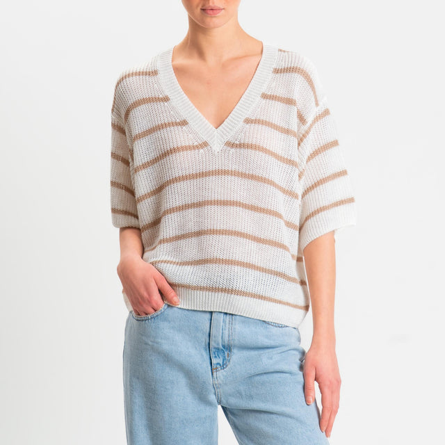 Tensione in-Maglia a righe mezza manica scollo a v coste inglesi - panna/beige