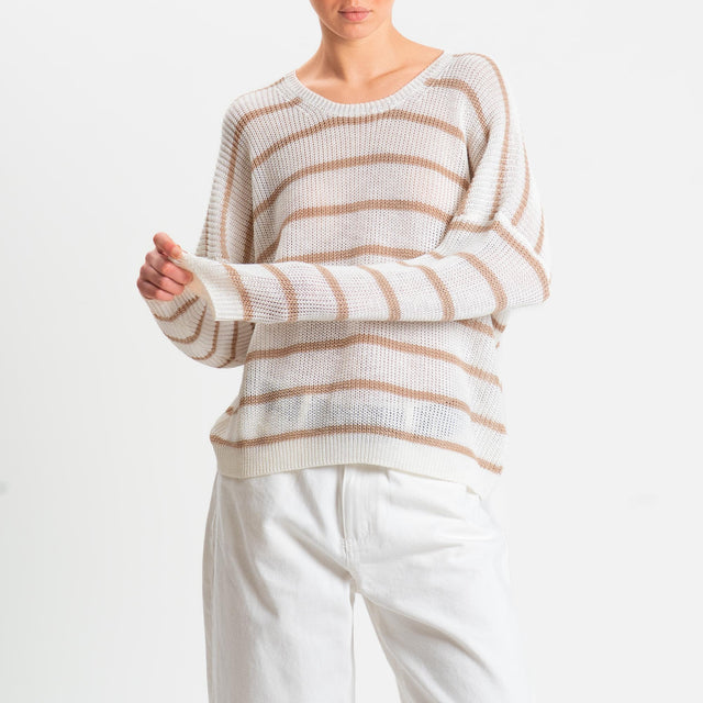 Tensione in-Maglia a righe girocollo coste inglesi - panna/beige