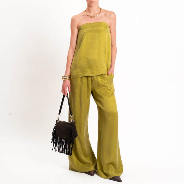 Tensione in-Completo top + pantalone tessuto cupro - oliva
