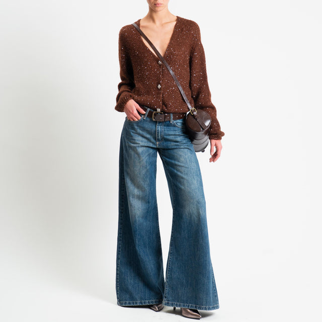 Vicolo-Cardigan mohair micro paillettes bottoni gioiello - tabacco