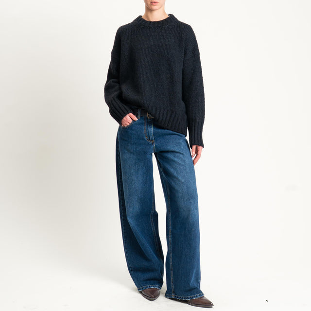 Vicolo-Maglia girocollo bordi a coste misto lana - nero