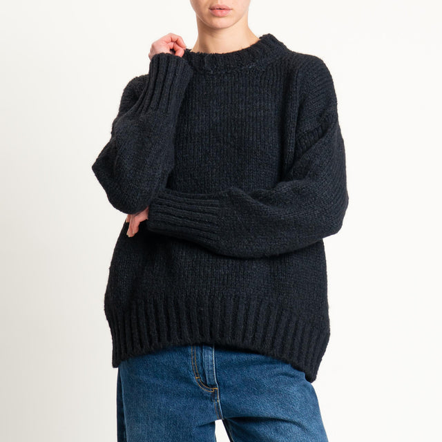 Vicolo-Maglia girocollo bordi a coste misto lana - nero