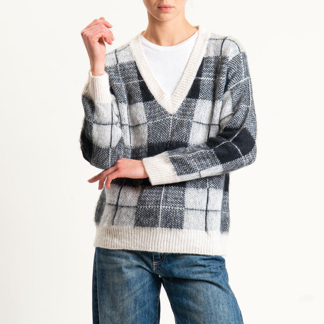 Vicolo-Maglia a v fantasia misto lana - burro/nero