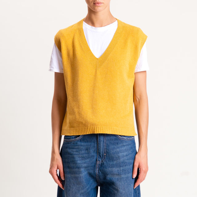 Vicolo-Gilet misto angora spacchi laterale - Senape