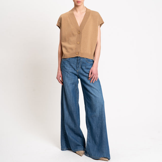 Vicolo-Gilet scollo v bordi a coste - camel