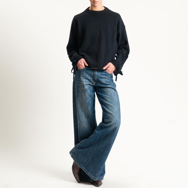 Vicolo-Maglia misto cashmere lacci sulla manica - Nero