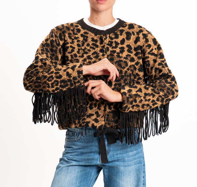 Vicolo-Cardigan misto alpaca con frange fantasia animalier - nero/moro