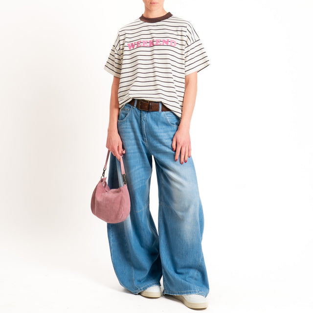 Vicolo-T-shirt a righe stampa"WEEKEND" - burro/moro