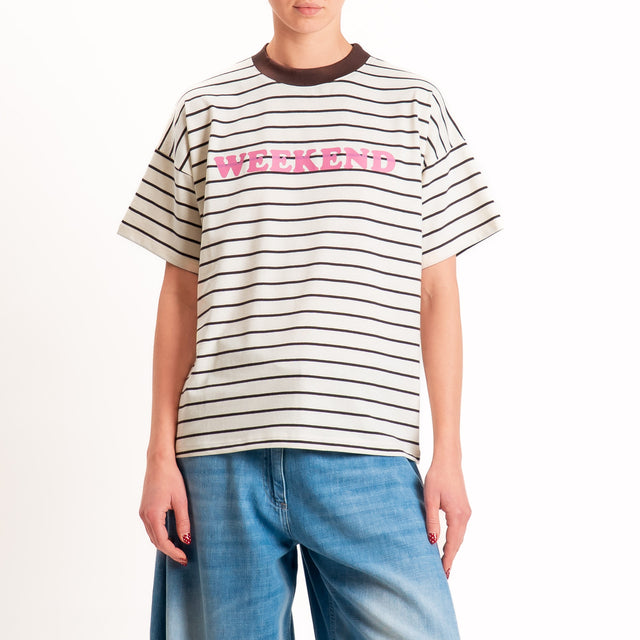 Vicolo-T-shirt a righe stampa"WEEKEND" - burro/moro