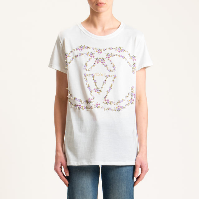Vicolo-T-shirt stampa fiori con applicazioni - bianco/peonia