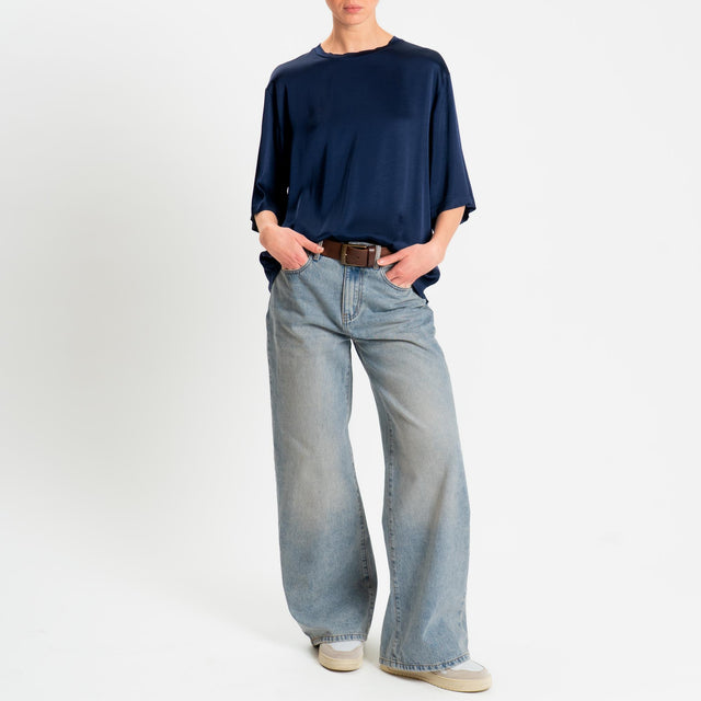 Vicolo-Blusa satin elasticizzata manica 3/4 - blu