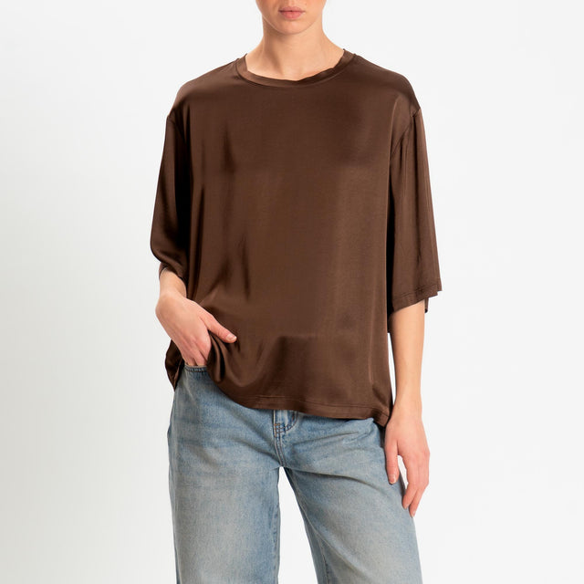 Vicolo-Blusa satin elasticizzata manica 3/4 - cacao