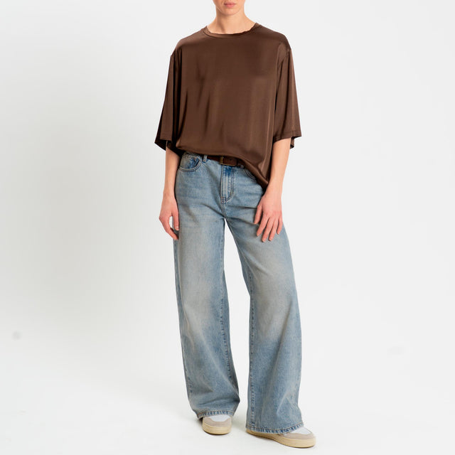 Vicolo-Blusa satin elasticizzata manica 3/4 - cacao