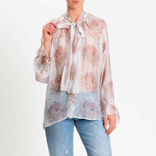 Vicolo-Camicia mussola misto seta fantasia floreale - latte/rosa