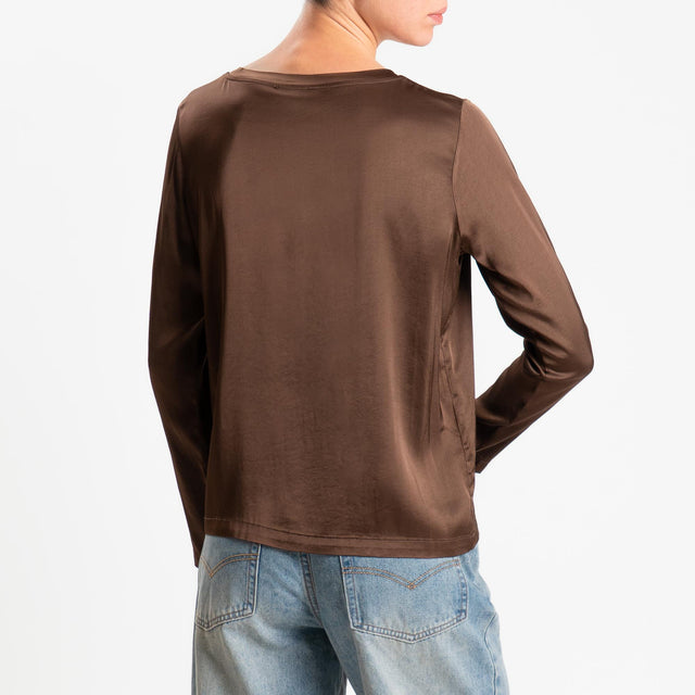 Vicolo-Blusa satin elasticizzato manica lunga - cacao