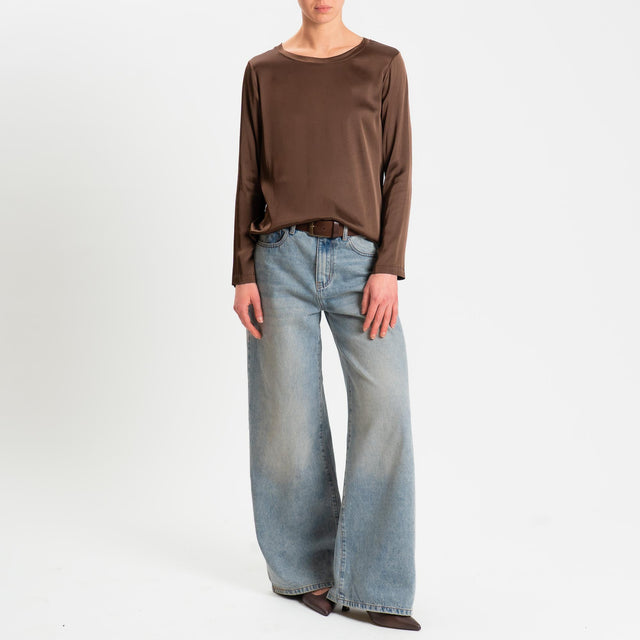 Vicolo-Blusa satin elasticizzato manica lunga - cacao