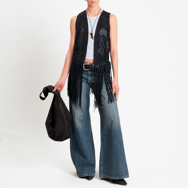 Vicolo-Gilet con frange effetto suede - nero