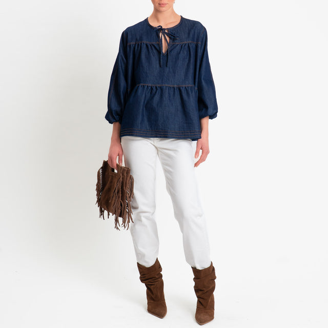 Vicolo-Blusa chambray con balza - denim scuro