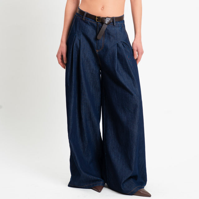 Vicolo-Pantalone chambray wide leg con pinces - denim scuro