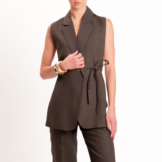 Vicolo-Gilet 100% lino con cintura - moro