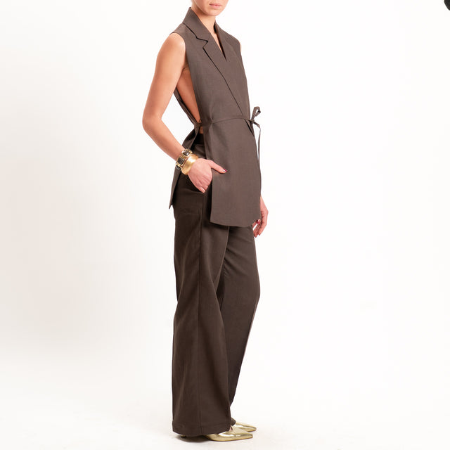 Vicolo-Pantalone 100% lino wide leg - moro