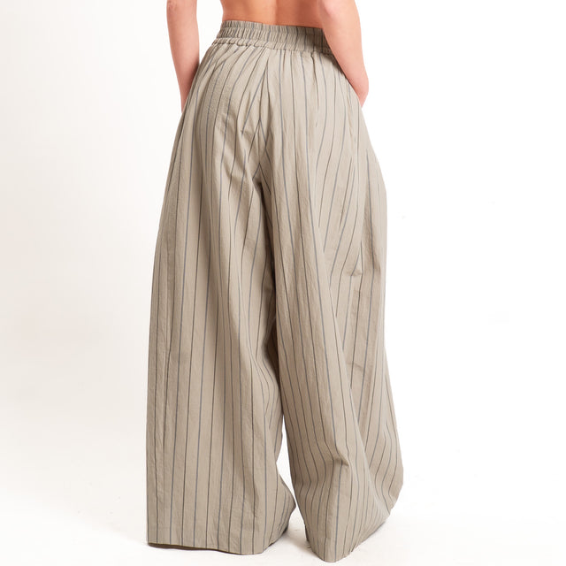 Vicolo-Pantalone gessato wide leg elastico in vita - tortora